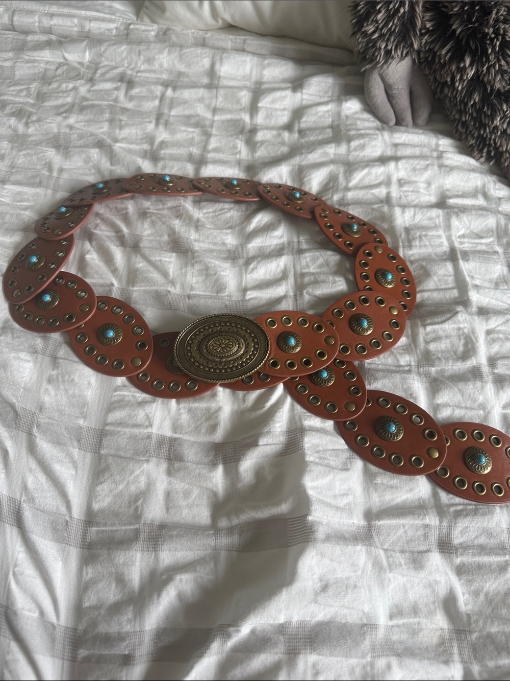Boho Turquoise Accent Brown Leather Belt with Decorative Medallion